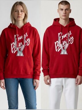 LOONEY TUNES “Bugs Bunny” Red Pullover Hoodie Unisex XXL Graphic Sweatshirt